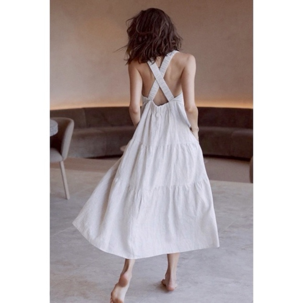DISSH - AMY NATURAL LINEN MIDI DRESS - size AU 10 (us M)